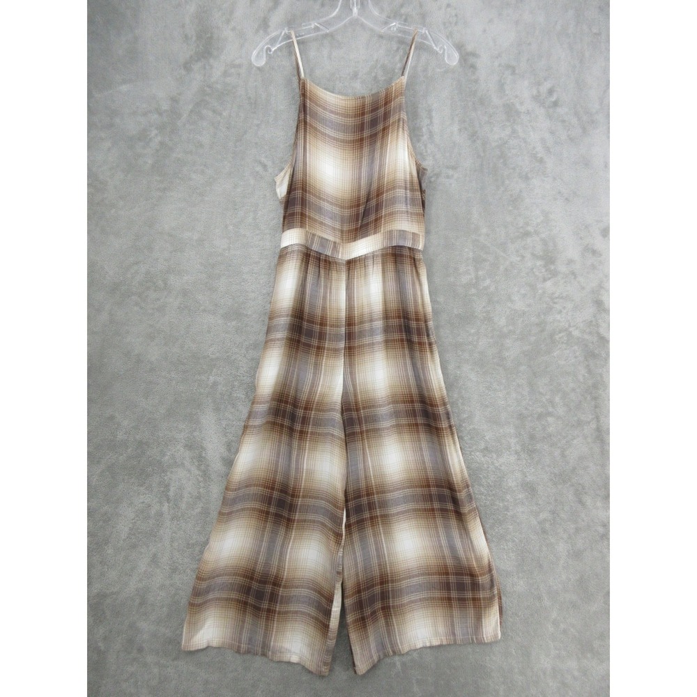 American Eagle Jumpsuit Womens Medium Wide Leg Plaid Pockets Boho Relaxed Brown